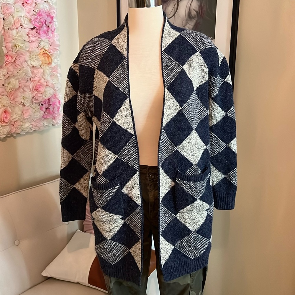 ✨ Peach brand  Blue & Grey Checkered Heavy Knit Cardigan